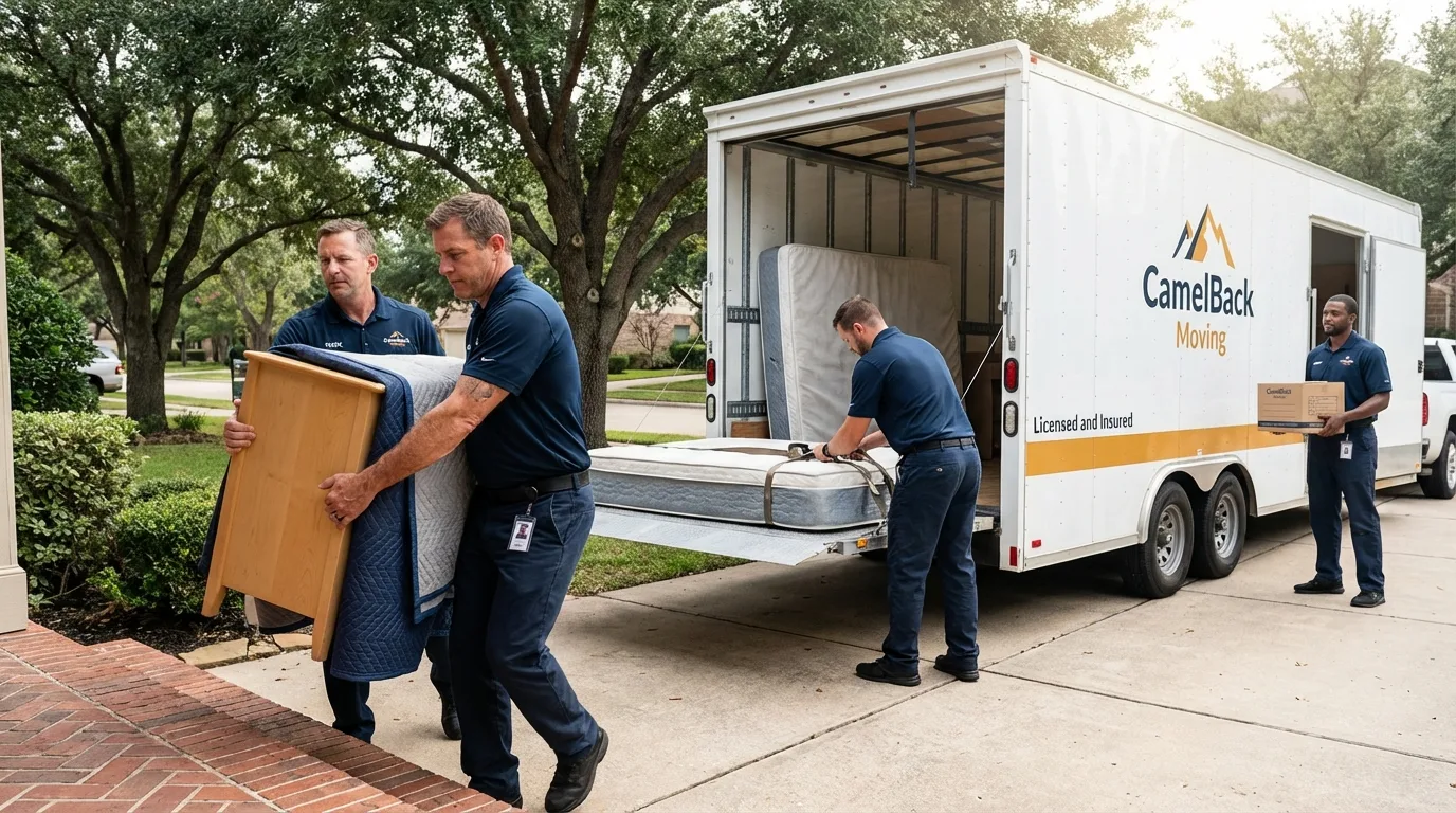 Crew loading residential truck for cross-state move from Costa Mesa, CA