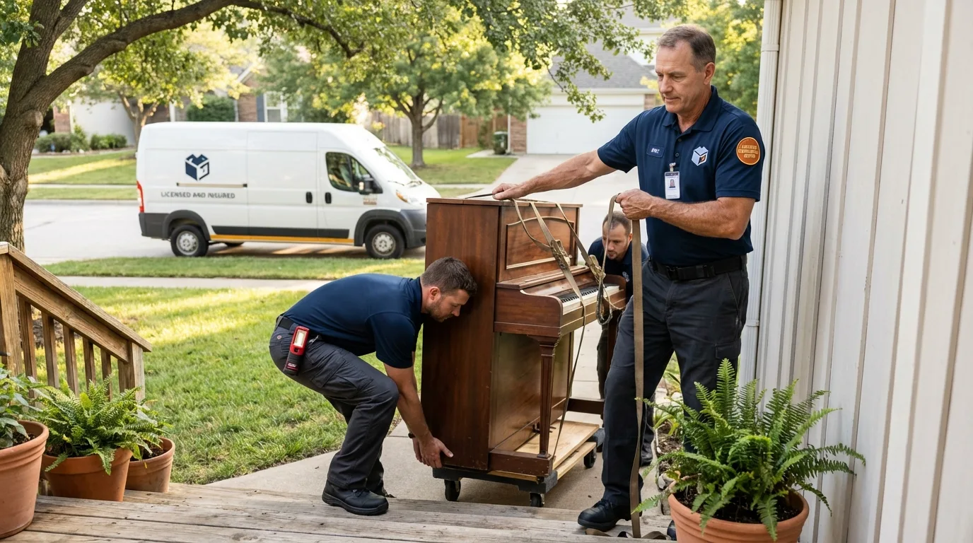 Licensed piano movers securing grand piano in Costa Mesa, CA