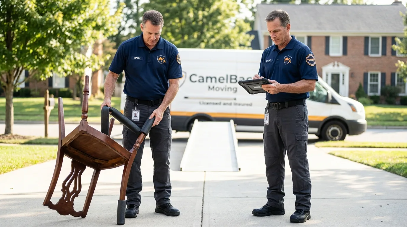 Movers inspecting furniture for damage prevention before loading in Costa Mesa, CA