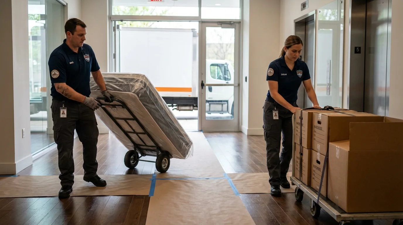 Professional apartment movers loading elevator in Costa Mesa, CA